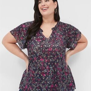 Double Ruffle-Sleeve Notch-Neck Top